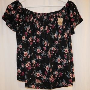 American Eagle Black Floral Top Off-the-Shoulder